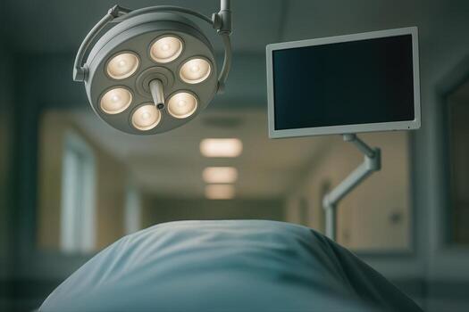 Operating Room Featuring Surgical Lights and Monitor With Shallow Depth Of Field in a Calm and Controlled Hospital Environment photo