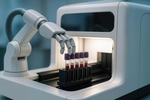 Robotic Arm in a Lab Handling Test Tubes With Precision Under Bright Artificial Light in a Modern Laboratory Setting With Focus on Technology and Automation photo