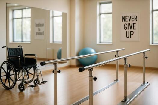 Rehabilitation Gym Featuring Parallel Bars and a Wheelchair in a Sunlit Room with Inspirational Posters on the Walls Creating a Calm Atmosphere photo