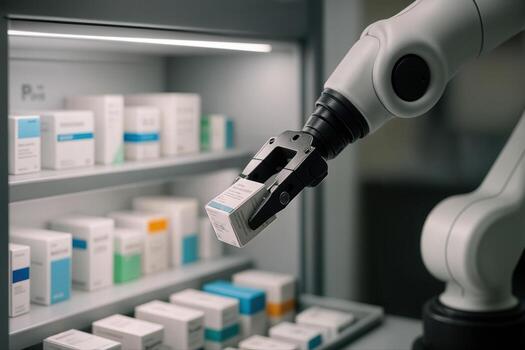 robótico brazo eficientemente seleccionando medicación cajas en un moderno farmacia ajuste con preciso mecanismo y suave Encendiendo foto
