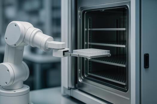 Robotic Arm in a Laboratory Carefully Placing a Sample Tray into an Incubator in an Industrial Setting with Shallow Depth of Field photo
