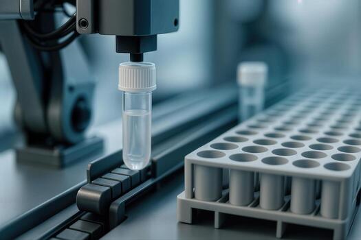 Robotic Tube Sorting System in a Laboratory Setting Highlights Automated Precision with a Focus on a Robotic Arm Handling Test Tubes in a Modern Facility photo