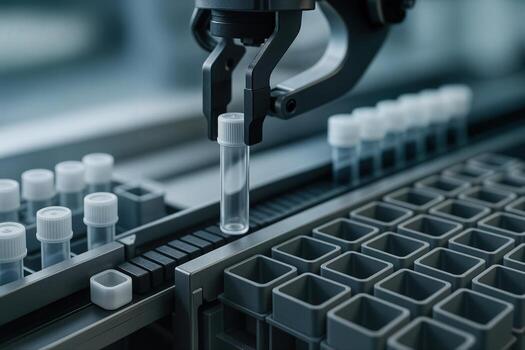 Robotic Tube Sorting System in a Laboratory Setting with Advanced Automation and Precise Handling of Test Tubes on Conveyor Rails photo