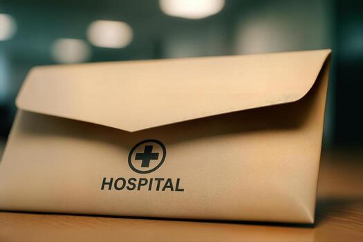 Confidential Hospital Envelope On Wooden Desk With Shallow Depth Of Field In Soft Indoor Lighting Showing Professional Document Security photo