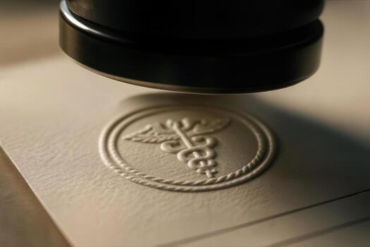 Prescription Validation Stamp Over A Document Indoors Captured In A Closeup With Warm Lighting Showing A Detailed Embossed Medical Symbol photo