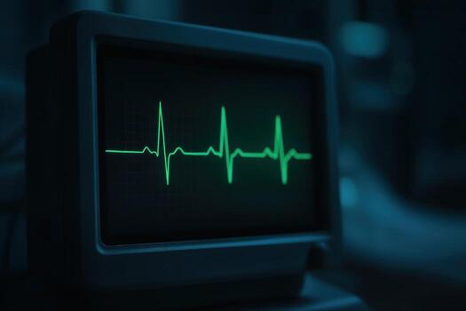 Heart Monitor Displaying Steady Electrocardiogram Lines Cast In Soft Green Glow In A Dimly Lit Medical Setting With Shallow Depth Of Field photo