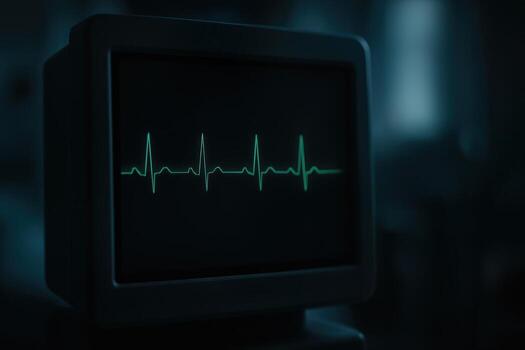 Heartbeat Monitor Showing EKG Line on a Dark Screen in a Dimly Lit Medical Room With Low Ambient Lighting for a Dramatic Effect photo
