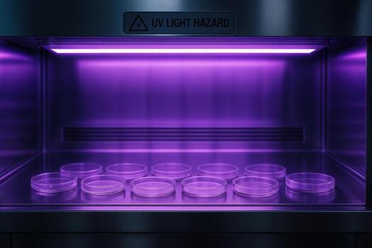 Sterile Laboratory Environment Shown With Ultraviolet Light Highlighting Multiple Petri Dishes on a Metal Shelf Indoors Within a Controlled Scientific Setting photo