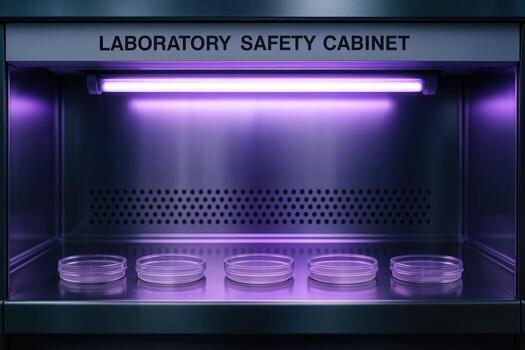 Laboratory Safety Cabinet With Petri Dishes Under Ultraviolet Light in a Sterile Laboratory Environment With Shallow Depth Of Field photo