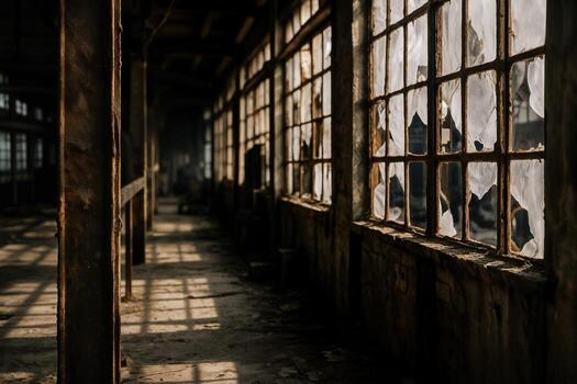 Abandoned Factory Interior Illuminated By Sunlight Streaming Through Broken Windows Creating Dramatic Shadow Patterns On Dusty Floors photo