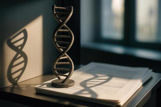 DNA Model Casting a Shadow on Documents in Sunlit Office With Soft Lighting and Natural Shadows Creating a Scientific and Intellectual Atmosphere photo