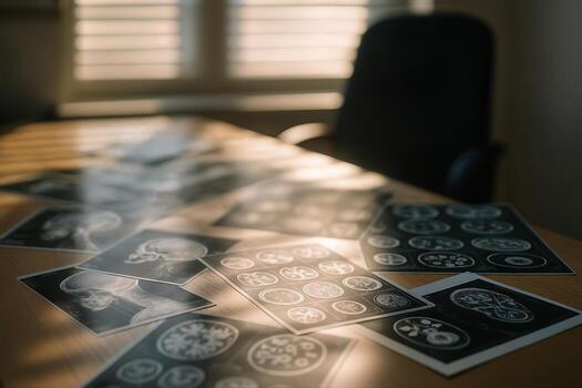 Medical Imaging Scans Spread Across a Sunlit Office Desk with Warm Natural Light and Shadows Creating a Reflective Atmosphere photo