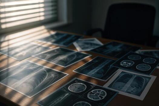 Medical X Rays Spread Across a Wooden Table in a Sunlit Room with Shadows Casting a Pattern from the Window Blinds, Creating a Dramatic and Insightful Scene photo
