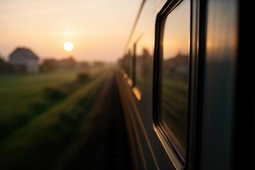 Train Journey at Sunrise with a View of the Countryside and the Sun Rising in a Calm and Serene Setting as Seen from a Train Window with Shallow Depth of Field photo