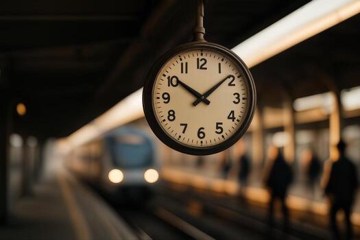 Vintage Clock Hanging at a Train Station Captured During Golden Hour With Shallow Depth Of Field Enhancing the Serene Atmosphere Around Passing Commuters photo