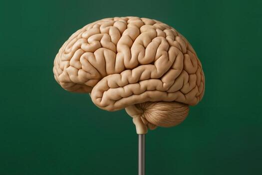Anatomical Brain Model Displayed on a Stand Against a Plain Green Background with Detailed Representation of Brain Structures photo