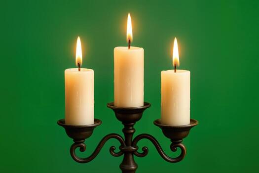 Candles Arranged on a Classic Candelabra Against a Solid Green Background with a Focus on the Flickering Flames and Warm Glow Creating a Serene Atmosphere photo