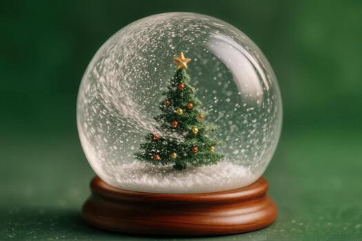Christmas Snow Globe Displaying a Festive Tree Adorned with Ornaments and a Star on Top Against a Vibrant Green Background Capturing a Joyful Holiday Essence photo