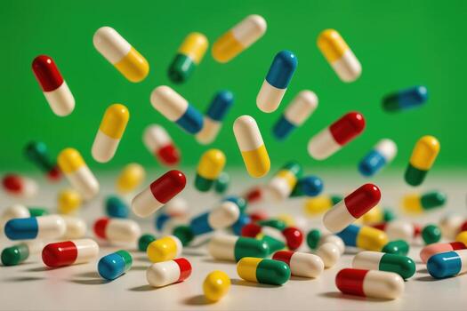 Colorful Capsules in Motion Against a Green Background Display a Dynamic Composition With Various Red, Yellow, Green, and Blue Hues Highlighted photo
