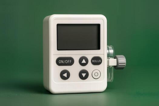 Compact Medical Infusion Pump Displayed on Green Background in a Studio Setting with Its Control Buttons and Display Screen Clearly Visible photo