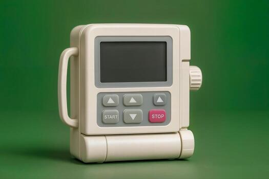 Compact Infusion Pump Displaying Electronic Interface With Start and Stop Buttons on a Green Background in a Studio Setting photo