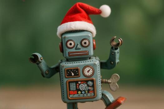 Toy Robot Wearing Santa Hat Dancing Indoors Against Blurred Festive Background With Shallow Depth Of Field Creating a Holiday Atmosphere photo