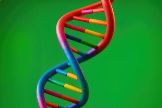 Colorful DNA Model Against a Vibrant Green Background Featuring a Twisting Helix Structure Captured in Closeup View With Shallow Depth Of Field photo