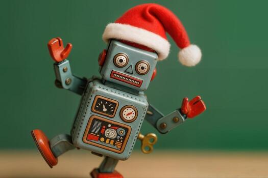 Toy Robot Dancing in a Santa Hat Indoors with a Green Background, Giving a Festive Holiday Vibe With Low Detail Mode Display photo