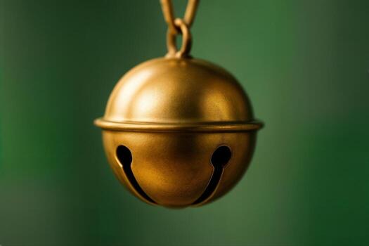 Golden Jingle Bell Hanging Against a Green Background in a Closeup Composition for Festive and Decorative Use in Holiday Themes photo