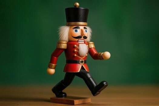 Nutcracker Figurine Posed At An Angle Indoors Against A Green Background With Soft Lighting Creating A Festive Holiday Atmosphere photo