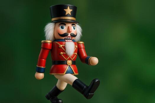 Nutcracker Toy Soldier in Motion with Vibrant Colors Against a Solid Green Background, Capturing a Sense of Tradition and Holiday Festivity photo