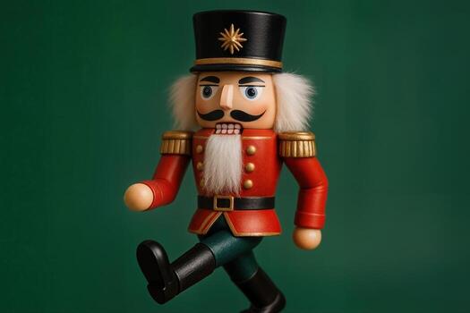 Nutcracker Figure In Motion Against A Green Background, Showcasing Its Traditional Design With Red And Gold Accents And A Black Hat, Creating A Festive Atmosphere photo