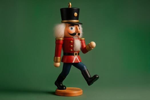 Nutcracker Figurine Against Green Background Displayed in Side Profile with Traditional Attire in a Studio Setting for Holiday and Ballet Themes photo