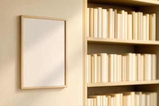 Cozy Home Library Interior Featuring Wooden Bookshelves and a Blank Framed Picture Creating a Warm and Inviting Atmosphere photo