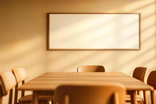 Minimalist Dining Room Featuring Wooden Furniture and a Blank Frame on a Sunlit Wall With Shadows Creating a Cozy and Calm Atmosphere photo