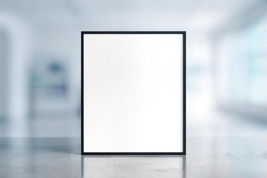 blanco cubo estudio Bosquejo presentando un blanco marco centrado en un reflexivo superficie en un brillante minimalista interior ajuste con suave natural ligero foto