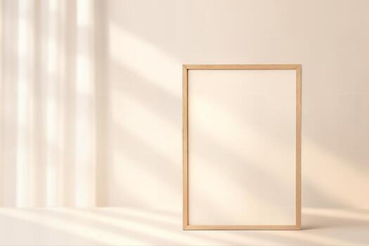 Daylight Studio Mockup Featuring an Empty Wooden Frame on a Table with Sunlight Streaming Through a Window Casting Shadows photo