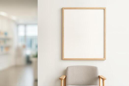 Poster Mockup in a Minimalist Photography Studio Featuring a Framed Blank Canvas Above a Chair With Blurred Background for Creative Design Presentation photo