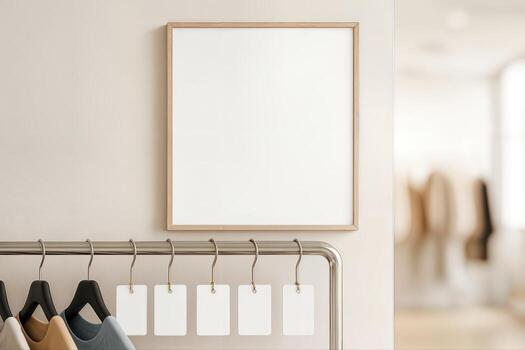Modern Retail Display Indoors Featuring A Clothing Rack With Blank Tags And A Square Poster Frame With Shallow Depth Of Field photo
