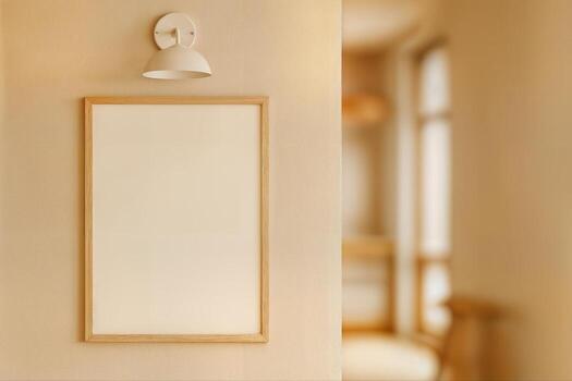 mínimo café pasillo presentando un blanco enmarcado póster en un beige pared iluminado por un sencillo pared lámpara en un calurosamente iluminado ajuste con superficial profundidad de campo foto