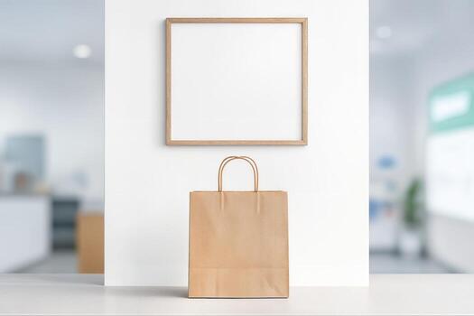 Pop Up Shop Mockup Featuring a Brown Paper Bag on a White Surface with a Blank Frame on the Wall and a Softly Blurred Background photo