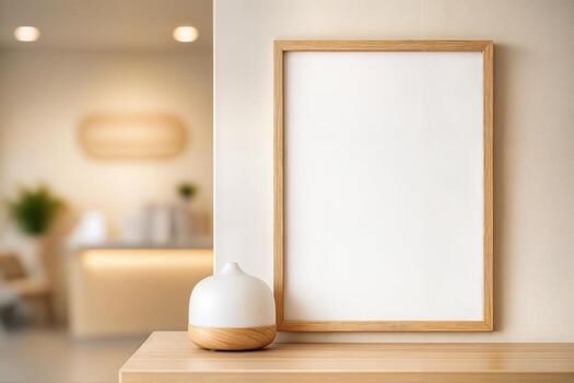 bienestar clínica recepción escritorio presentando minimalista decoración incluso un enmarcado firmar y pequeño difusor con suave Encendiendo y un calma atmósfera foto