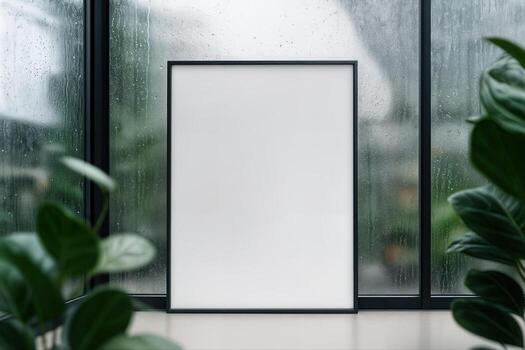 Poster Mockup Displayed in a Greenhouse Office Setting with Plants and Large Windows Creating a Natural Light Atmosphere photo