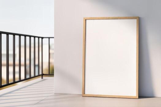 Minimal Balcony Design Featuring a Wooden Frame Leaning Against a White Wall in Bright Natural Light Creating a Modern and Peaceful Atmosphere photo