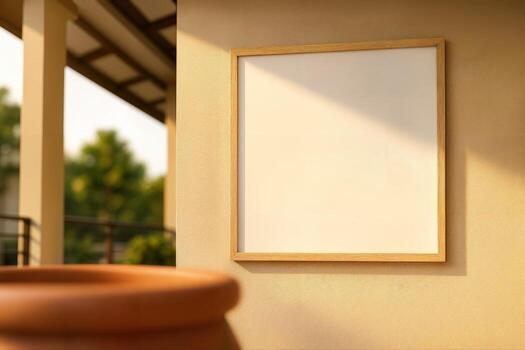 Terracotta Patio Scene Featuring A Blank Wooden Frame On A Sunlit Wall With Greenery In The Background, Capturing A Warm Outdoor Setting Perfect For Mockups photo