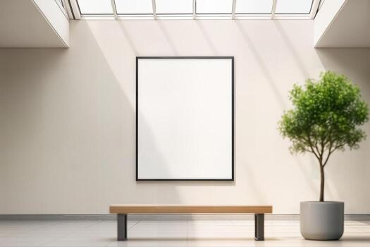 Atrium Poster Showcase Featuring a Blank Frame on a Sunlit Wall with a Minimalist Bench and a Potted Tree in a Bright Open Space photo