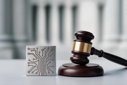 legal tecnología concepto presentando un de madera mazo y metálico circuitería en un mesa con borroso fondo, simbolizando el intersección de ley y tecnología foto