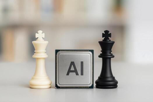 AI Microchip With Chess Kings Set On A Table Representing The Intersection Of Artificial Intelligence And Strategy Games In A Conceptual Composition photo