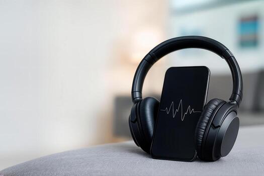 Smartphone Displaying Waveform Next to Headphones on Couch in Minimalist Interior Setting with Soft Focus Background and Natural Light photo
