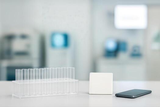 Laboratory Interior Featuring Test Tubes and Smartphone on a Minimalist White Surface with Laboratory Equipment Blurred in the Background photo